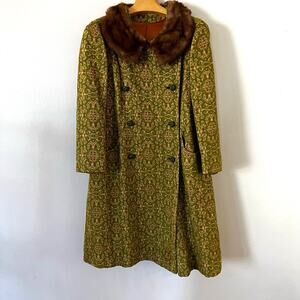 Vintage Green Patterned Pea Coat with Brown Fur Collar